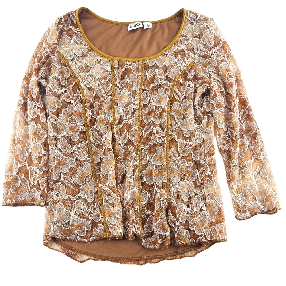 Cato Women's Blouse size Medium Gold Ivory Lace‎ Overlay Stretch 3/4 Sleeves Y2k